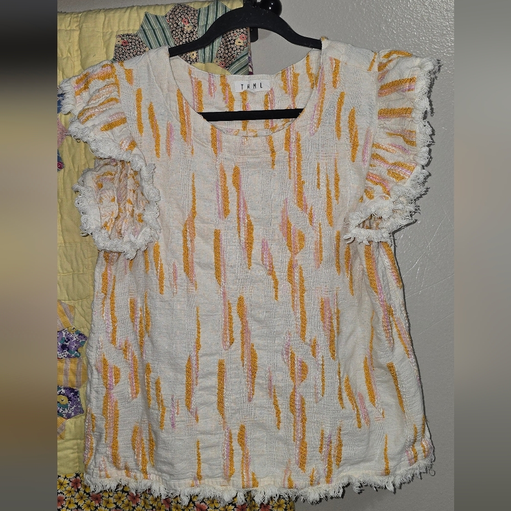 THML Frayed Flutter Sleeve Striped Blouse - Cream & Orange